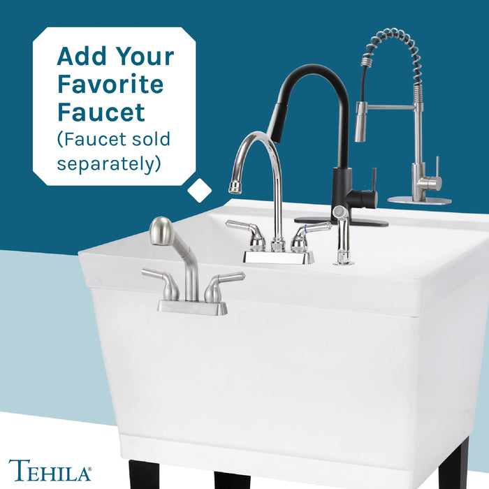 Tehila Standard Freestanding White Utility Sink with Black Legs, No Supply Lines - Sweatfully