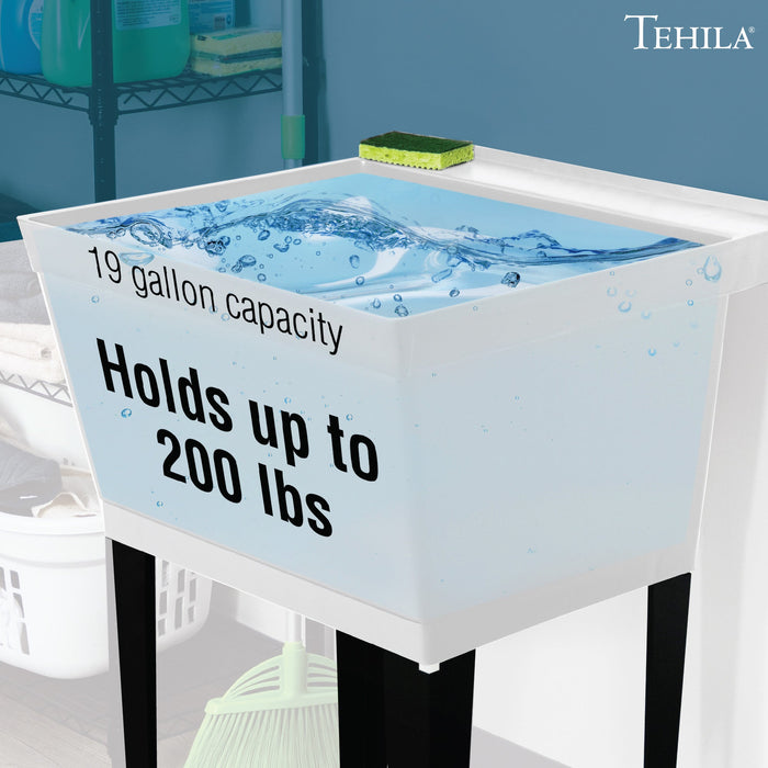 Tehila Standard Freestanding White Utility Sink with Black Legs, No Supply Lines - Sweatfully