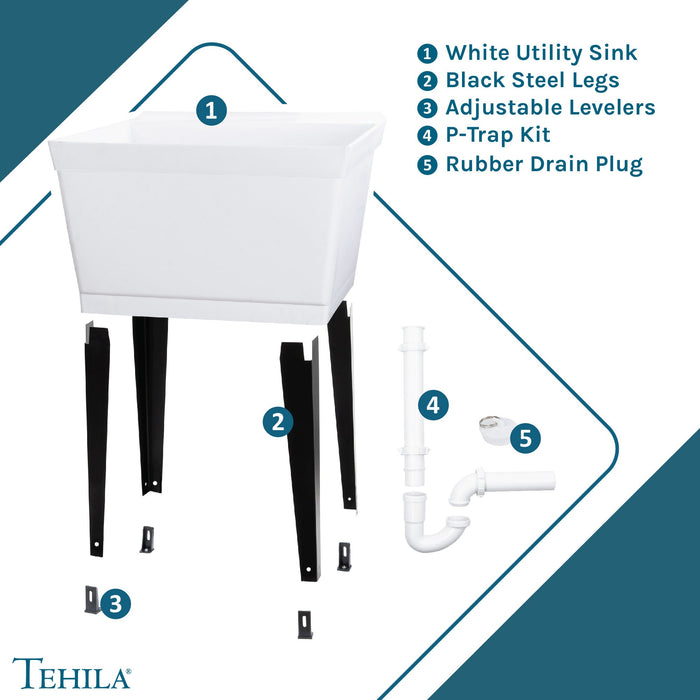 Tehila Standard Freestanding White Utility Sink with Black Legs, No Supply Lines - Sweatfully
