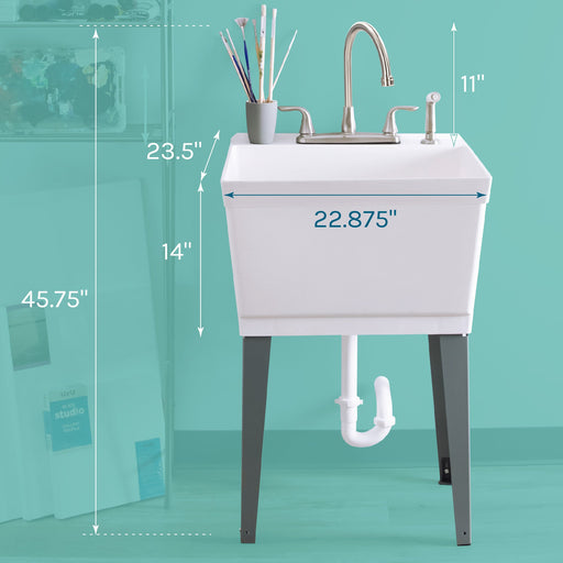 Tehila Standard Freestanding White Utility Sink with Grey Legs and Stainless Steel Finish Wide-set Gooseneck Faucet with Side Sprayer - Sweatfully