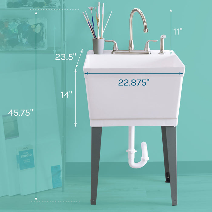 Tehila Standard Freestanding White Utility Sink with Grey Legs and Stainless Steel Finish Wide-set Gooseneck Faucet with Side Sprayer - Sweatfully