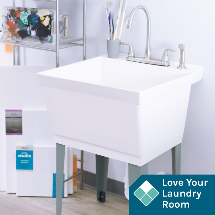 Tehila Standard Freestanding White Utility Sink with Grey Legs and Stainless Steel Finish Wide-set Gooseneck Faucet with Side Sprayer - Sweatfully