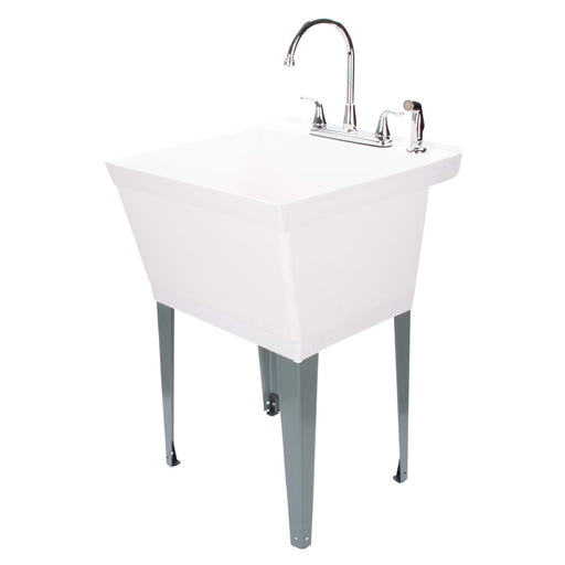 Tehila Standard Freestanding White Utility Sink with Grey Legs and Chrome Finish Wide-set Gooseneck Faucet with Side Sprayer - Sweatfully