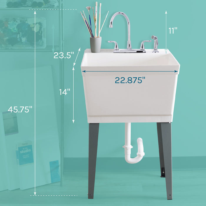 Tehila Standard Freestanding White Utility Sink with Grey Legs and Chrome Finish Wide-set Gooseneck Faucet with Side Sprayer - Sweatfully