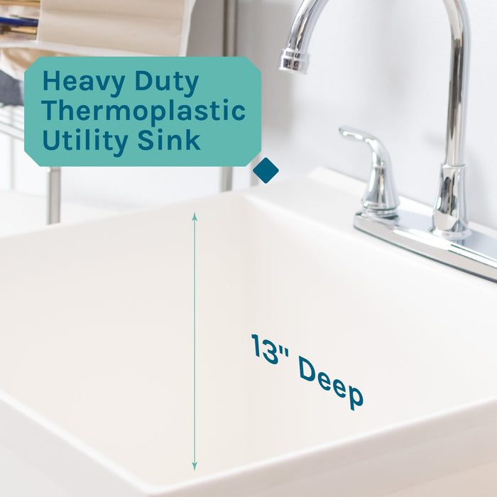 Tehila Standard Freestanding White Utility Sink with Grey Legs and Chrome Finish Wide-set Gooseneck Faucet with Side Sprayer - Sweatfully