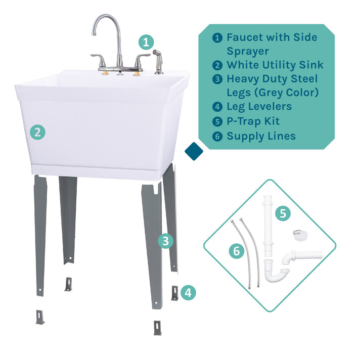 Tehila Standard Freestanding White Utility Sink with Grey Legs and Chrome Finish Wide-set Gooseneck Faucet with Side Sprayer - Sweatfully