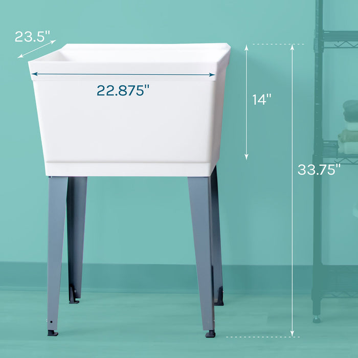 Tehila Standard Freestanding White Utility Sink with Grey Legs, Water Supply Lines Included - Sweatfully