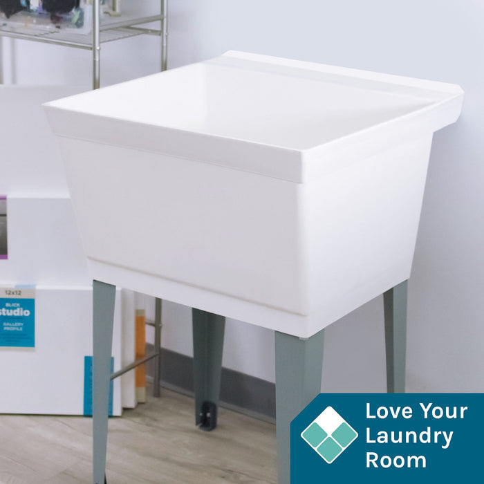 Tehila Standard Freestanding White Utility Sink with Grey Legs, Water Supply Lines Included - Sweatfully