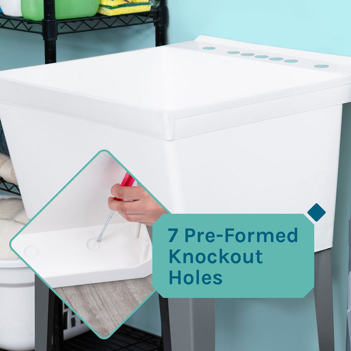 Tehila Standard Freestanding White Utility Sink with Grey Legs, Water Supply Lines Included - Sweatfully