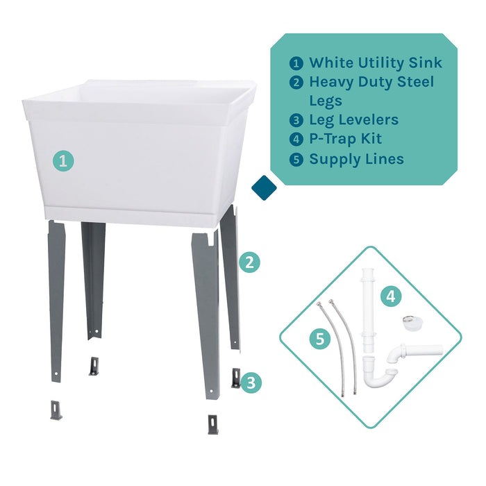 Tehila Standard Freestanding White Utility Sink with Grey Legs, Water Supply Lines Included - Sweatfully