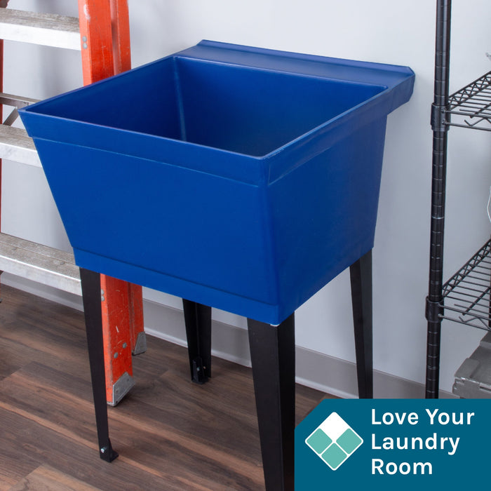 Tehila Standard Freestanding Blue Utility Sink with Black Legs, Water Supply Lines Included - Sweatfully