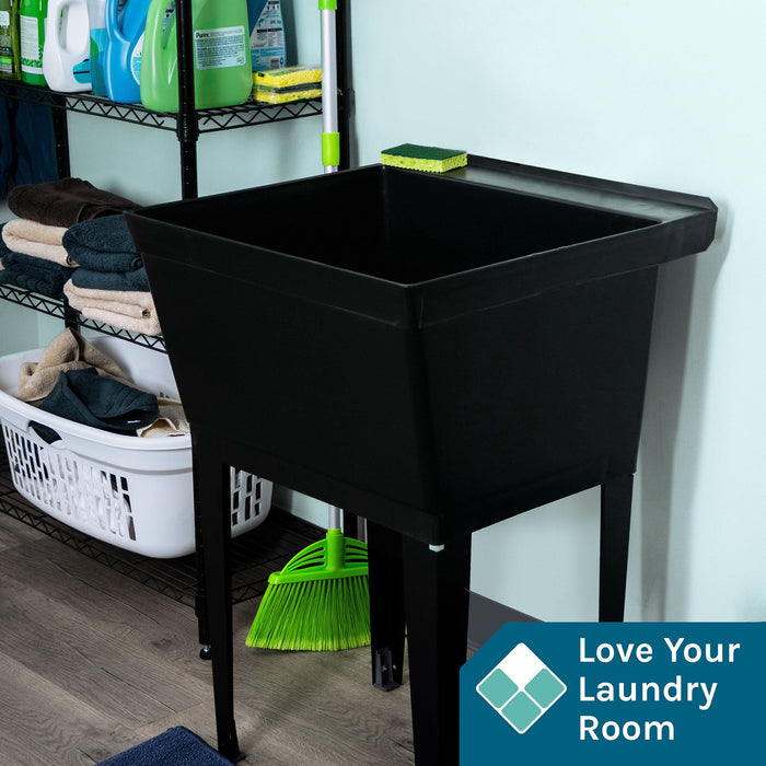 Tehila Standard Freestanding Black Utility Sink with Black Legs, Water Supply Lines Included - Sweatfully