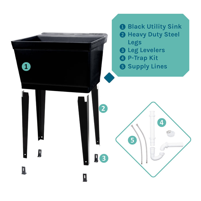 Tehila Standard Freestanding Black Utility Sink with Black Legs, Water Supply Lines Included - Sweatfully