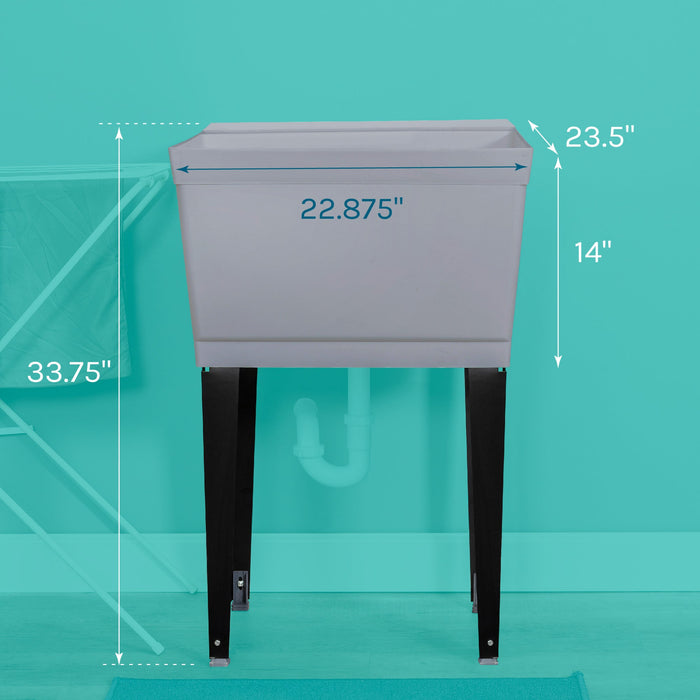 Tehila Standard Freestanding Grey Utility Sink with Black Legs, Water Supply Lines Included - Sweatfully