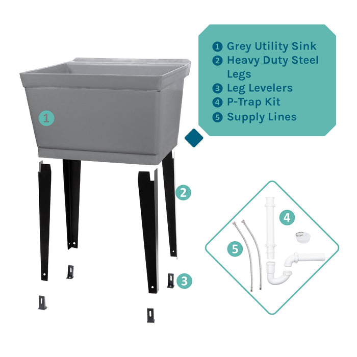 Tehila Standard Freestanding Grey Utility Sink with Black Legs, Water Supply Lines Included - Sweatfully