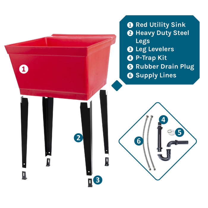 Tehila Standard Freestanding Red Utility Sink with Black Legs, Water Supply Lines Included - Sweatfully
