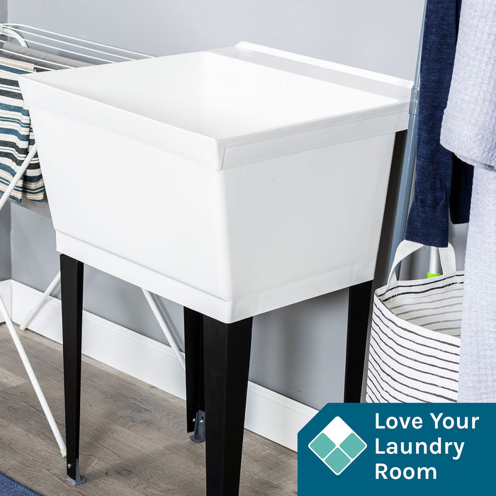 Tehila Standard Freestanding White Utility Sink with Black Legs, Water Supply Lines Included - Sweatfully