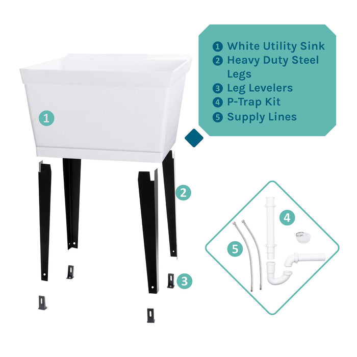 Tehila Standard Freestanding White Utility Sink with Black Legs, Water Supply Lines Included - Sweatfully