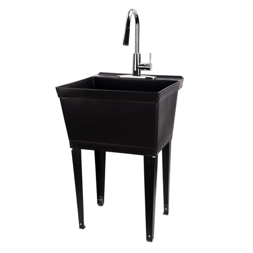 Tehila Standard Freestanding Black Utility Sink with Chrome Finish High-Arc Pull-Down Faucet - Sweatfully