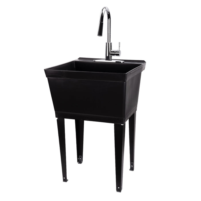 Tehila Standard Freestanding Black Utility Sink with Chrome Finish High-Arc Pull-Down Faucet - Sweatfully