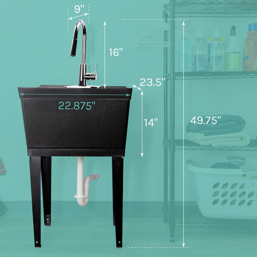 Tehila Standard Freestanding Black Utility Sink with Chrome Finish High-Arc Pull-Down Faucet - Sweatfully