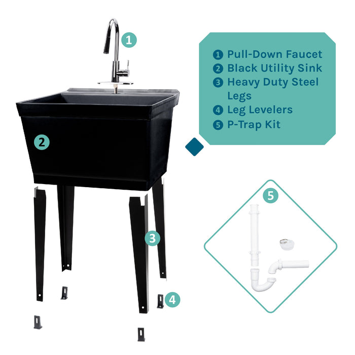 Tehila Standard Freestanding Black Utility Sink with Chrome Finish High-Arc Pull-Down Faucet - Sweatfully