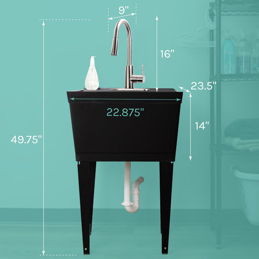 Tehila Standard Freestanding Black Utility Sink with Stainless Steel Finish High-Arc Pull-Down Faucet - Sweatfully