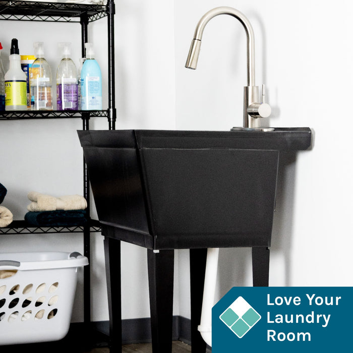Tehila Standard Freestanding Black Utility Sink with Stainless Steel Finish High-Arc Pull-Down Faucet - Sweatfully