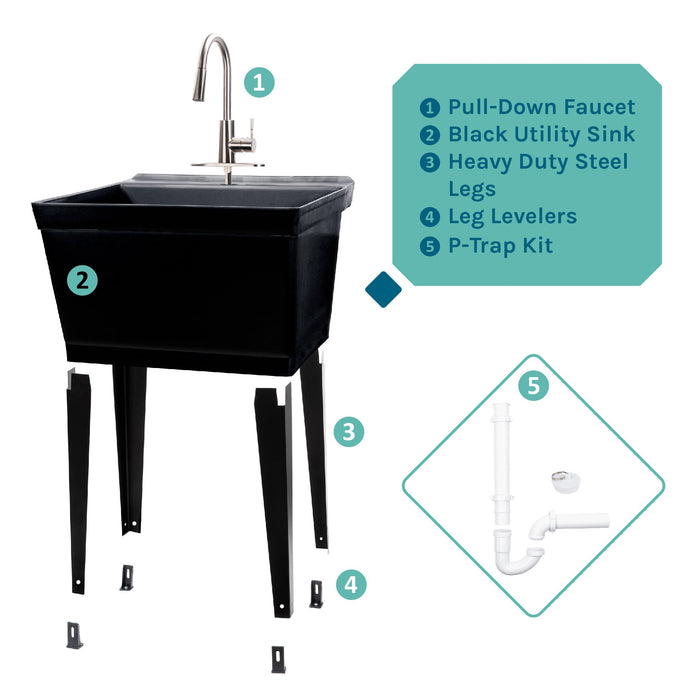 Tehila Standard Freestanding Black Utility Sink with Stainless Steel Finish High-Arc Pull-Down Faucet - Sweatfully
