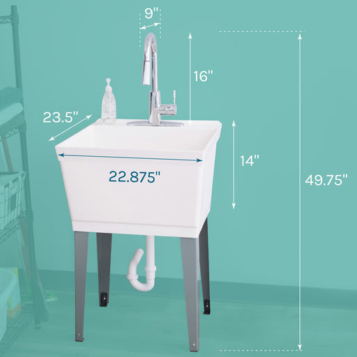 Tehila Standard Freestanding White Utility Sink with Chrome Finish High-Arc Pull-Down Faucet - Sweatfully