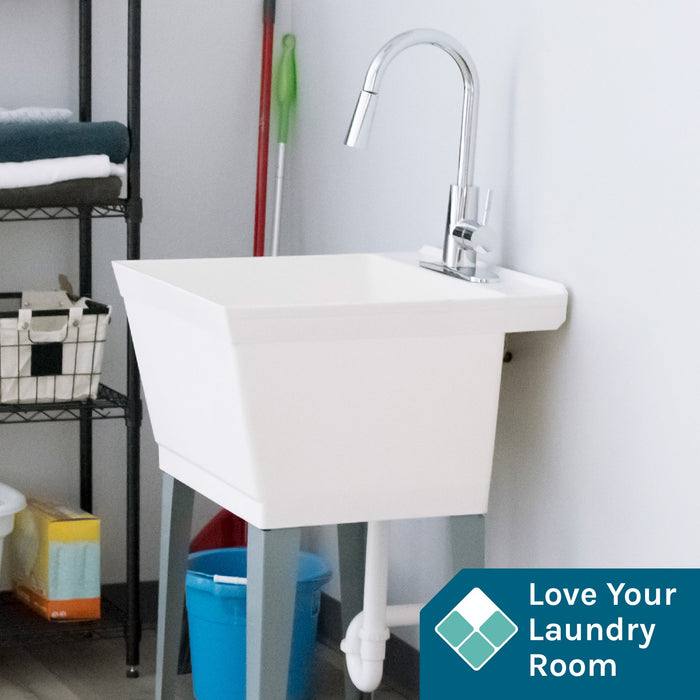 Tehila Standard Freestanding White Utility Sink with Chrome Finish High-Arc Pull-Down Faucet - Sweatfully