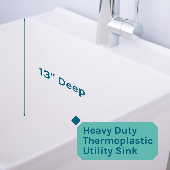 Tehila Standard Freestanding White Utility Sink with Chrome Finish High-Arc Pull-Down Faucet - Sweatfully