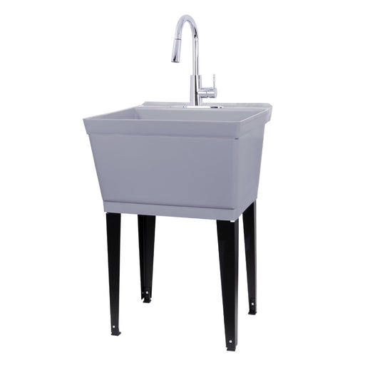 Tehila Standard Freestanding Grey Utility Sink with Chrome Finish High-Arc Pull-Down Faucet - Sweatfully
