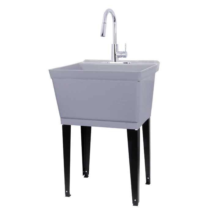 Tehila Standard Freestanding Grey Utility Sink with Chrome Finish High-Arc Pull-Down Faucet - Sweatfully