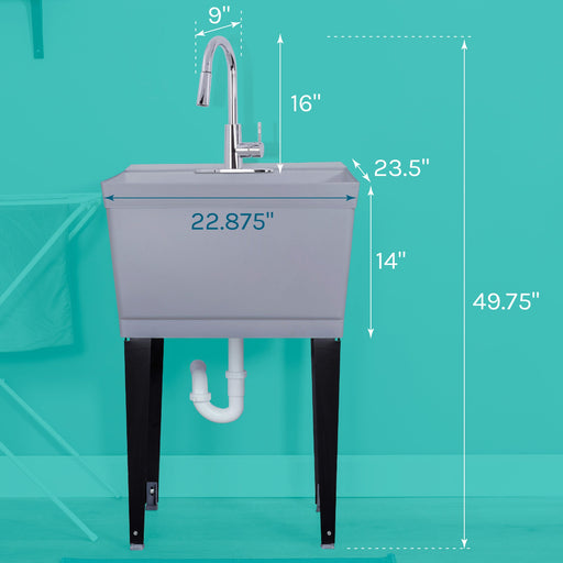 Tehila Standard Freestanding Grey Utility Sink with Chrome Finish High-Arc Pull-Down Faucet - Sweatfully