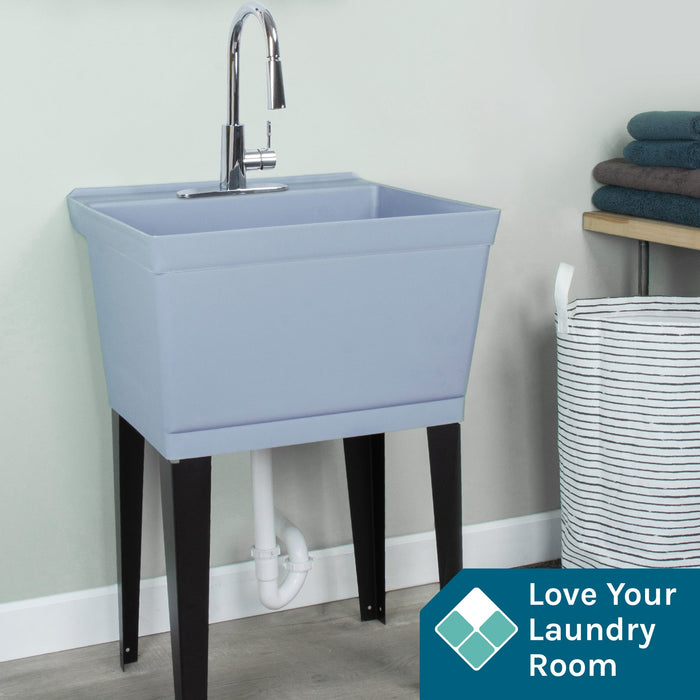 Tehila Standard Freestanding Grey Utility Sink with Chrome Finish High-Arc Pull-Down Faucet - Sweatfully