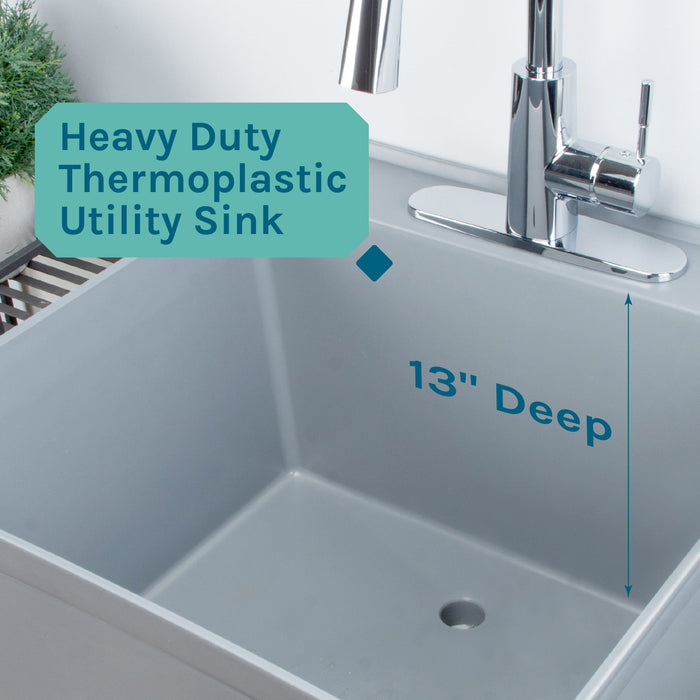 Tehila Standard Freestanding Grey Utility Sink with Chrome Finish High-Arc Pull-Down Faucet - Sweatfully