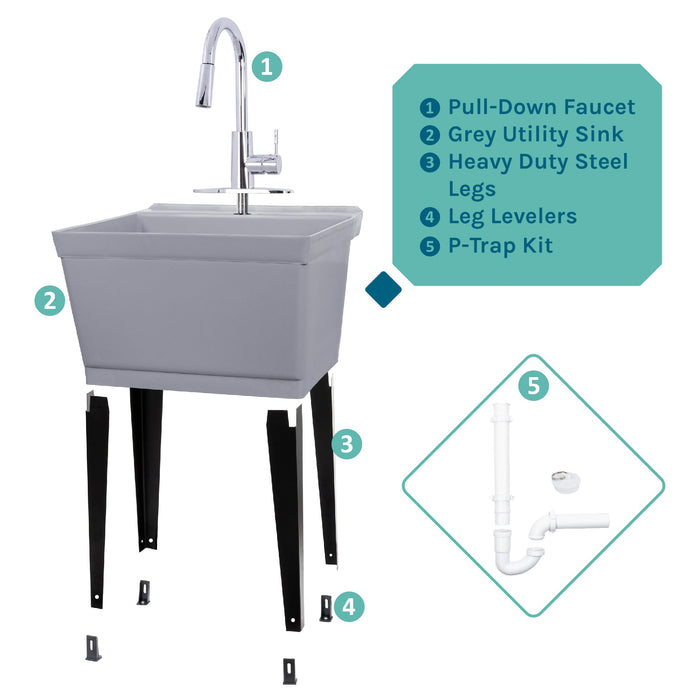 Tehila Standard Freestanding Grey Utility Sink with Chrome Finish High-Arc Pull-Down Faucet - Sweatfully