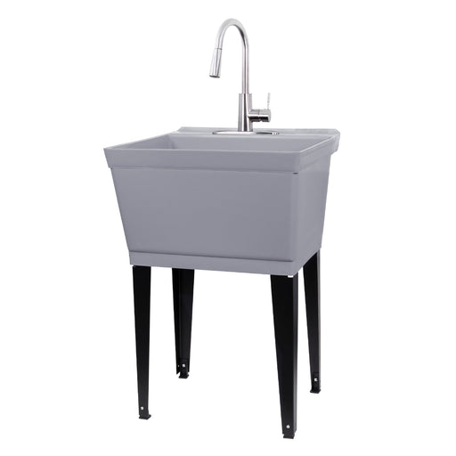 Tehila Standard Freestanding Grey Utility Sink with Stainless Steel Finish High-Arc Pull-Down Faucet - Sweatfully