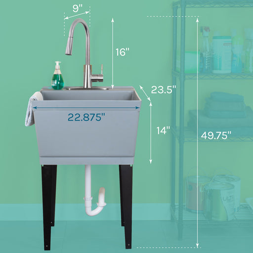 Tehila Standard Freestanding Grey Utility Sink with Stainless Steel Finish High-Arc Pull-Down Faucet - Sweatfully