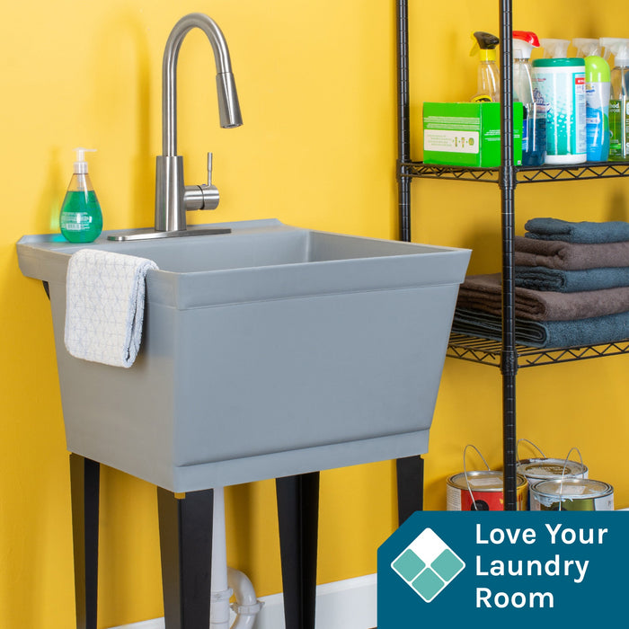 Tehila Standard Freestanding Grey Utility Sink with Stainless Steel Finish High-Arc Pull-Down Faucet - Sweatfully
