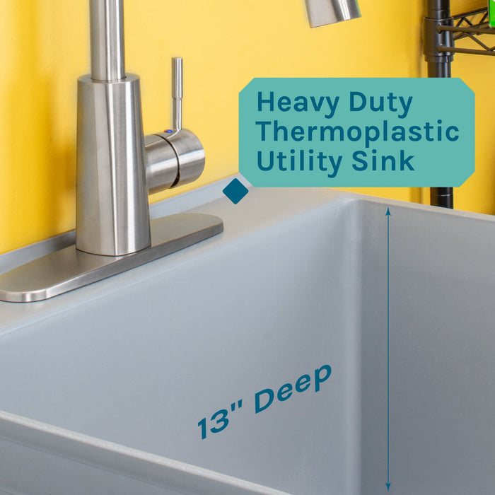 Tehila Standard Freestanding Grey Utility Sink with Stainless Steel Finish High-Arc Pull-Down Faucet - Sweatfully