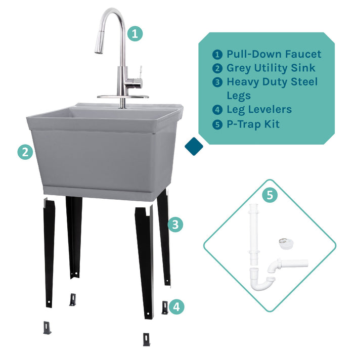 Tehila Standard Freestanding Grey Utility Sink with Stainless Steel Finish High-Arc Pull-Down Faucet - Sweatfully