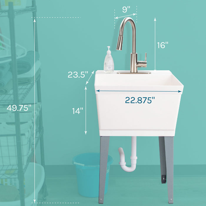 Tehila Standard Freestanding White Utility Sink with Stainless Steel Finish High-Arc Pull-Down Faucet - Sweatfully
