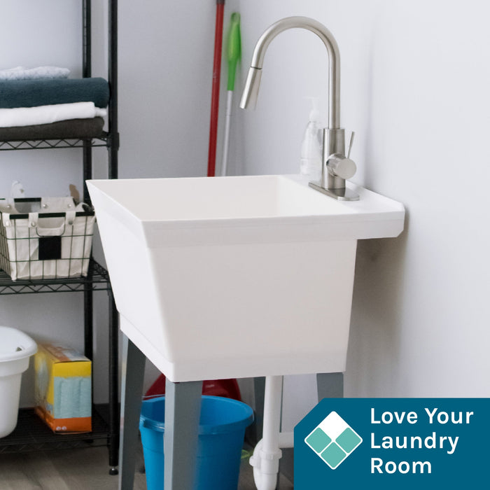 Tehila Standard Freestanding White Utility Sink with Stainless Steel Finish High-Arc Pull-Down Faucet - Sweatfully
