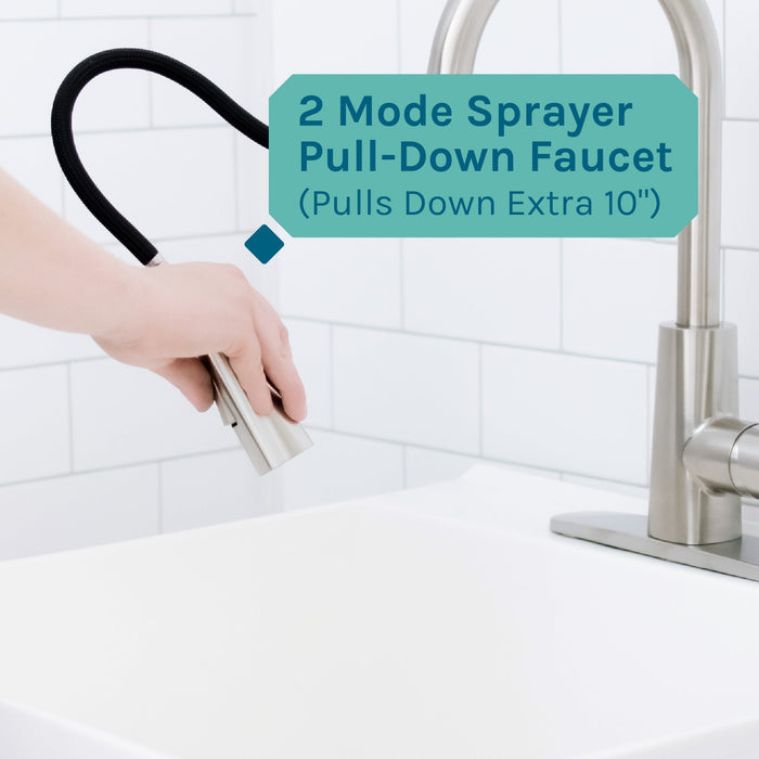 Tehila Standard Freestanding White Utility Sink with Stainless Steel Finish High-Arc Pull-Down Faucet - Sweatfully