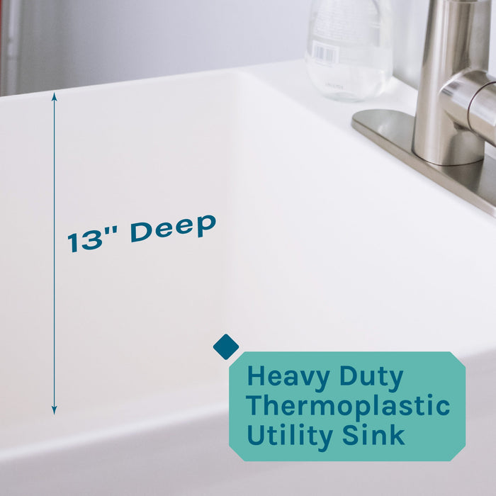 Tehila Standard Freestanding White Utility Sink with Stainless Steel Finish High-Arc Pull-Down Faucet - Sweatfully
