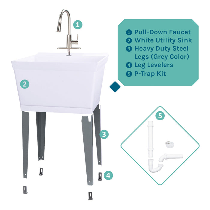 Tehila Standard Freestanding White Utility Sink with Stainless Steel Finish High-Arc Pull-Down Faucet - Sweatfully