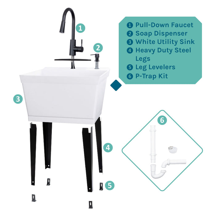 Tehila Standard Freestanding White Utility Sink with Black Finish High-Arc Pull-Down Faucet and Soap Dispenser - Sweatfully