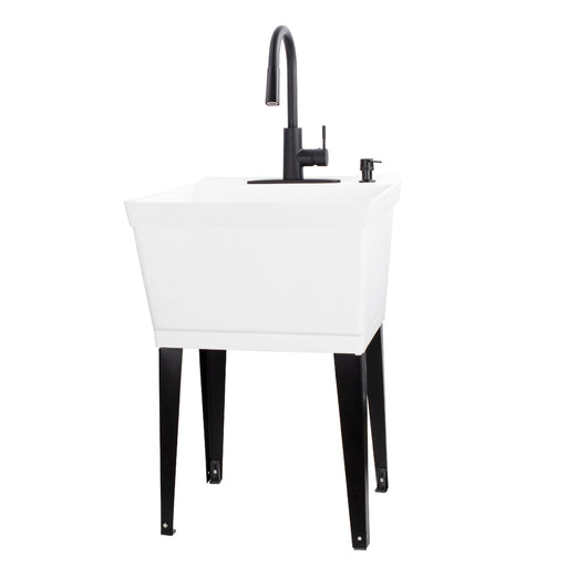Tehila Standard Freestanding White Utility Sink with Black Finish High-Arc Pull-Down Faucet and Soap Dispenser - Sweatfully